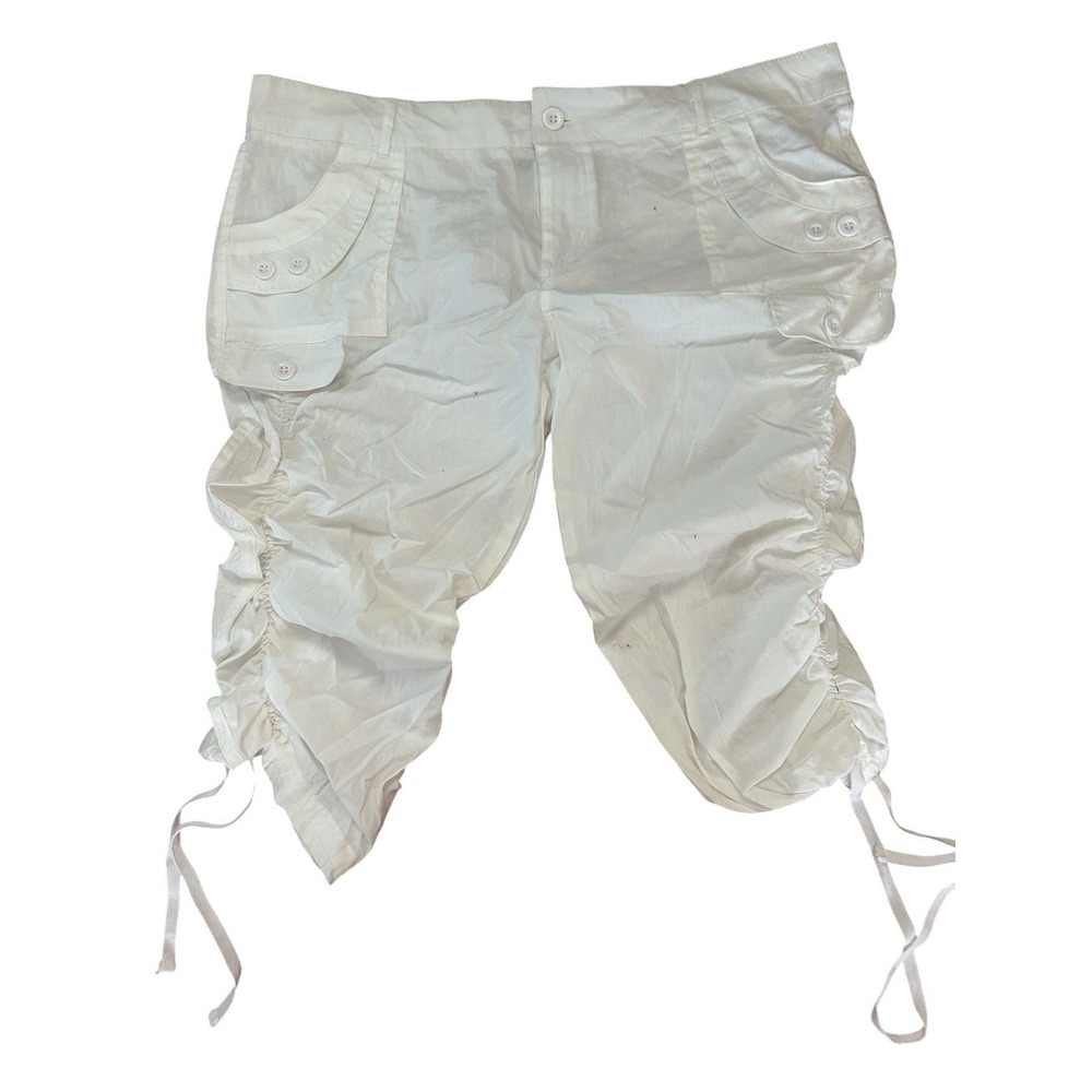 Ashley Blue Women Plus SZ 1XL White Cargo Capri Pants Cotton Stretch Ruched Side - Picture 2 of 6